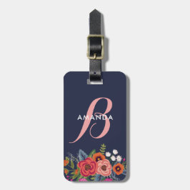 Etiqueta De Bagagem Buquê floral de Boho - azul marinho & monograma