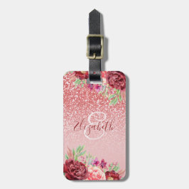 Etiqueta De Bagagem Burgundy Floral Rosa Dourado Glitter Personalizado