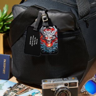 Etiqueta De Bagagem Cabeça de Dragão Mítico com Chama Vermelha de Fogo