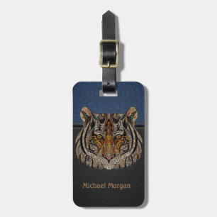 Etiqueta De Bagagem Cabeça de Tigre Olhar de Couro Azul,Preto
