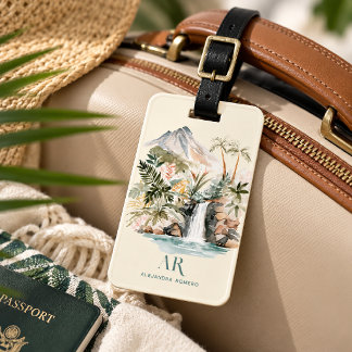Etiqueta De Bagagem Cachoeira Tropical Aquarela | Monograma