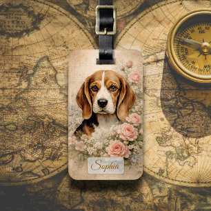 Etiqueta De Bagagem Cachorro Beagle com Rosas
