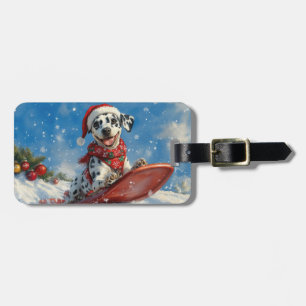 Etiqueta De Bagagem Cachorro Dalmático em Sledge Deixe-o nevar no Nata