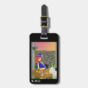 Etiqueta De Bagagem Cachorro e dama em café com a etiqueta da bagagem 