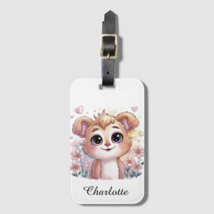 Etiqueta De Bagagem Cachorro Kawaii com Flores da Primavera e Corações