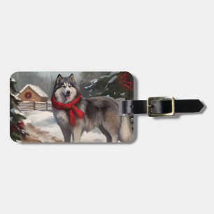 Etiqueta De Bagagem Cachorro Malamute do Alasca na Neve Natal