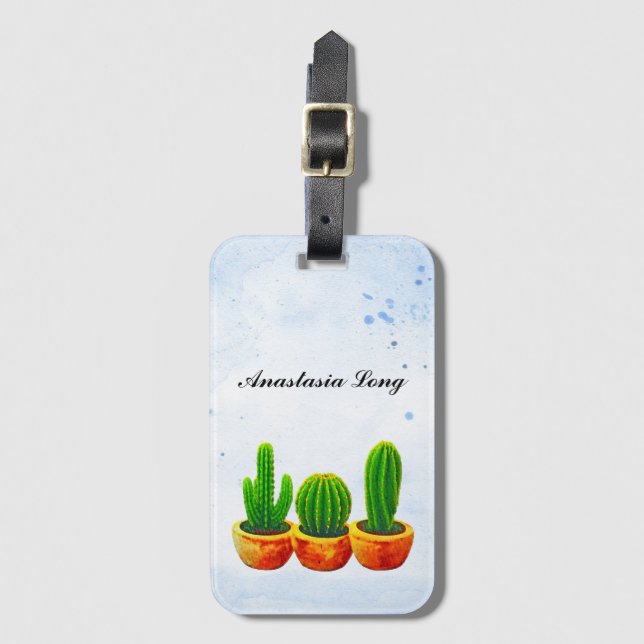 Etiqueta De Bagagem Cactus Verde Azul, Doce (Frente Vertical)
