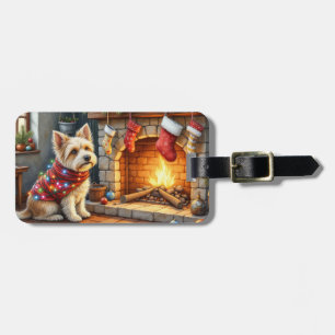 Etiqueta De Bagagem Cairn Terrier Sentado Lareira Luzes de Natal