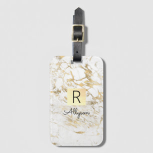 Etiqueta De Bagagem Caixa Dourada Mármore Branco & Dourado, Monograma