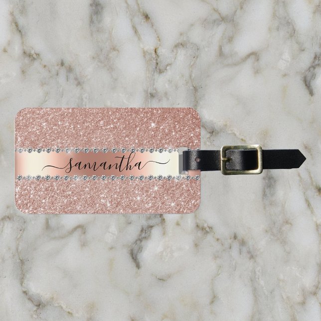 Etiqueta De Bagagem Caligrafia Diamante Glitter Dourado Rosa Manuscrit (Criador carregado)