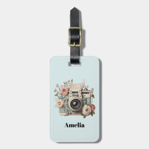 Etiqueta De Bagagem Câmera com Imagem Retro Pastel de Flores