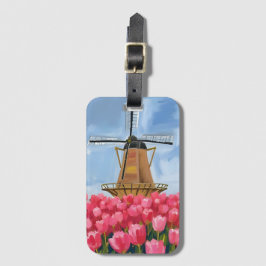 Etiqueta De Bagagem Campo de Flores de Tulipa Moinho de Vento Holandês