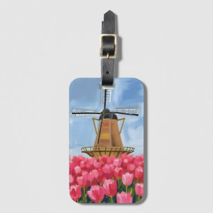 Etiqueta De Bagagem Campo de Flores de Tulipa Moinho de Vento Holandês