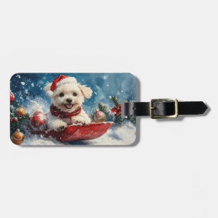 Etiqueta De Bagagem Cão Maltês no Trenó Deixe Nevar Natal