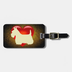 Etiqueta De Bagagem Cão Terrier escocês, coração vermelho, arco, ouro
