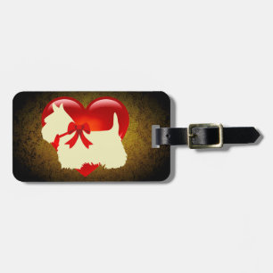 Etiqueta De Bagagem Cão Terrier escocês, coração vermelho, arco, ouro 