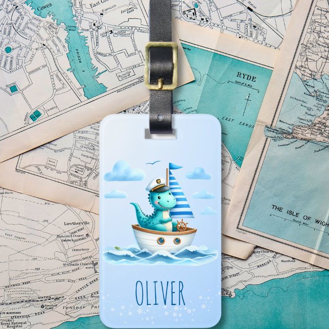 Etiqueta De Bagagem Capitão Náutico de Dinossauro Fofo Azul (Criador carregado)