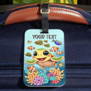 Etiqueta De Bagagem Caráter Feliz e Bonito da Tartaruga do Mar