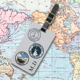 Etiqueta De Bagagem Carimbos de passaporte cinza monogramas iniciais