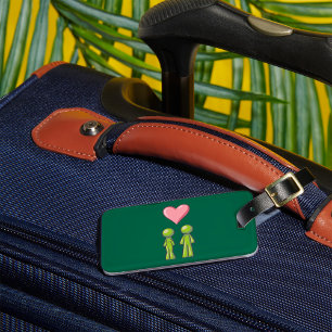 Etiqueta De Bagagem Casal de Bonecos de Pau Verde Coração Rosa Amor