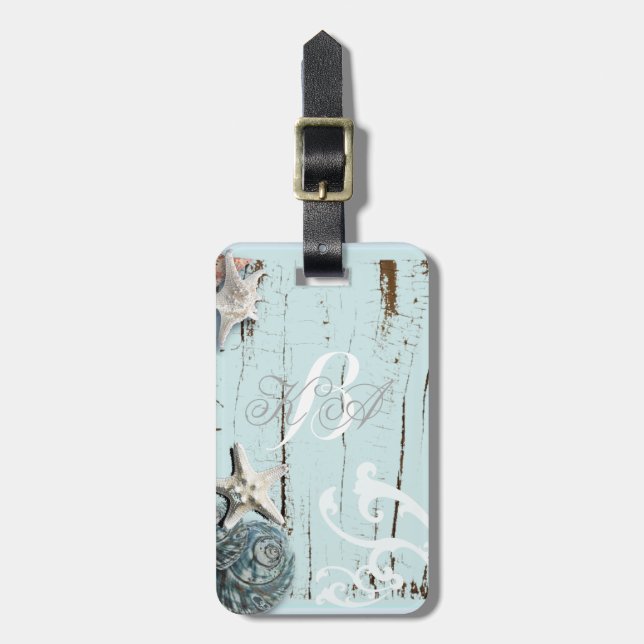 Etiqueta De Bagagem Casamento de Praia da BLue Seashells (Frente Vertical)