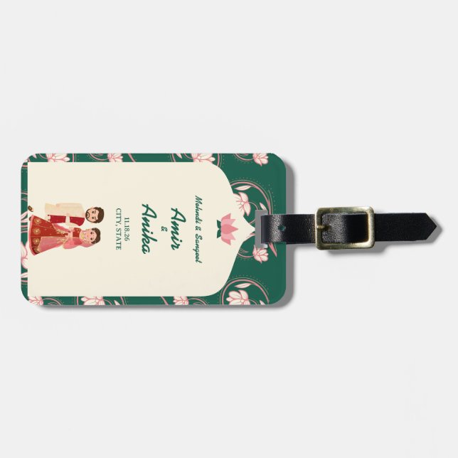 Etiqueta De Bagagem Casamento de Sanget Mehndi, lanterna Verde Elegant (Frente Horizontal)