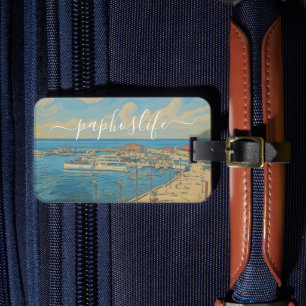 Etiqueta De Bagagem Castelo e Porto de Paphos em estilo aquarela