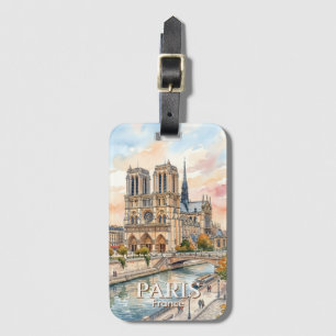 Etiqueta De Bagagem Catedral de Notre Dame de Paris Aquarela Viagem