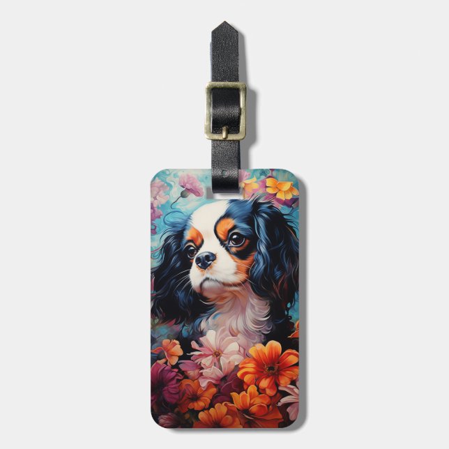 Etiqueta De Bagagem Cavalier King Charles Spaniel em flores (Frente Vertical)