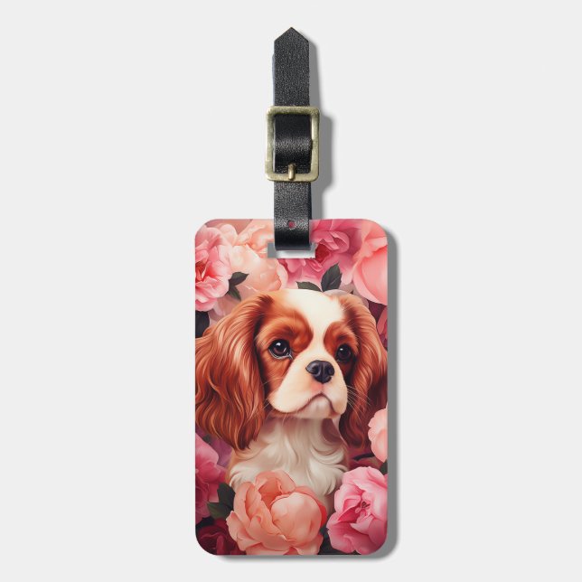 Etiqueta De Bagagem Cavalier King Charles Spaniel em Rosas (Frente Vertical)