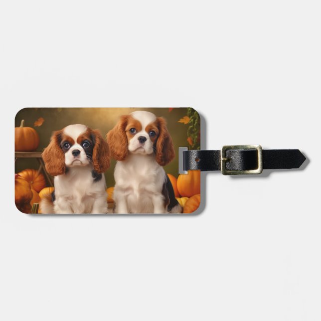 Etiqueta De Bagagem Cavalier King Charles Spaniel Puppy Autumn Pumpkin (Frente Horizontal)