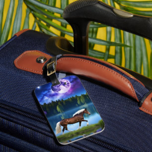 Etiqueta De Bagagem Cavalo belga Palomino sob um céu estrelado roxo