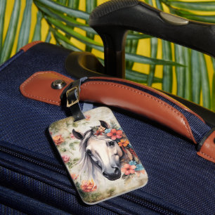Etiqueta De Bagagem Cavalo branco em flores.