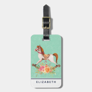 Etiqueta De Bagagem Cavalo de balanço do vintage com buquê floral