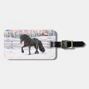 Etiqueta De Bagagem Cavalo Negro Frísia Na Neve
