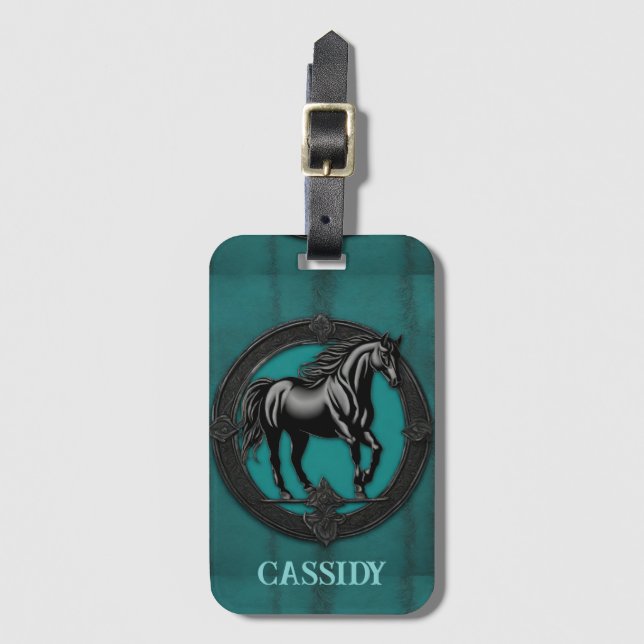 Etiqueta De Bagagem Cavalo Negro Teal Equestre do País Ocidental (Frente Vertical)