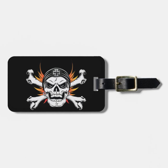 Etiqueta De Bagagem Caveira Ossos Cruzados com Asas Flamejantes (Frente Horizontal)