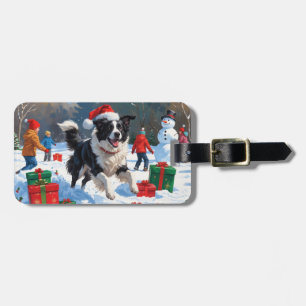 Etiqueta De Bagagem Cena de Natal com Border Collie na Neve