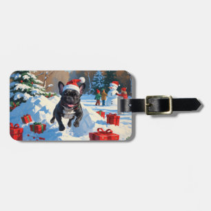 Etiqueta De Bagagem Cena de neve festiva de Natal do Bulldog Francês P