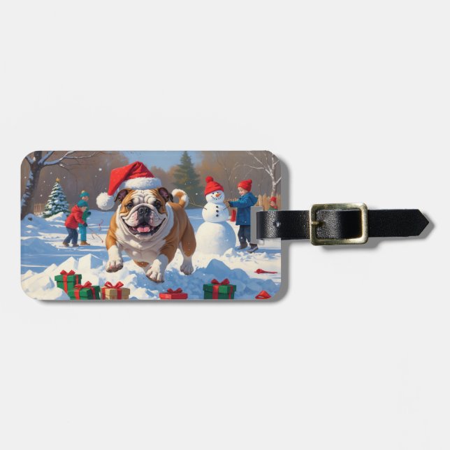 Etiqueta De Bagagem Cena de Neve Festiva do Bulldog Christmas (Frente Horizontal)
