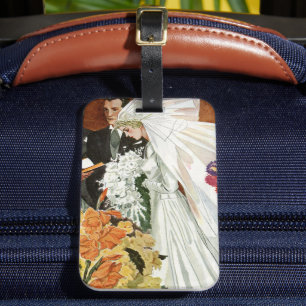 Etiqueta De Bagagem Cerimónia de casamento vintage com noivos