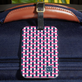 Etiqueta De Bagagem Cesta Entrelaçada Preppy – Monograma Azul Marinho 