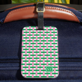 Etiqueta De Bagagem Cesta Tecido - Monograma Rosa e Verde Preppy