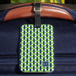 Etiqueta De Bagagem Cesta Tecido Preppy - Monograma Verde e Azul Marin