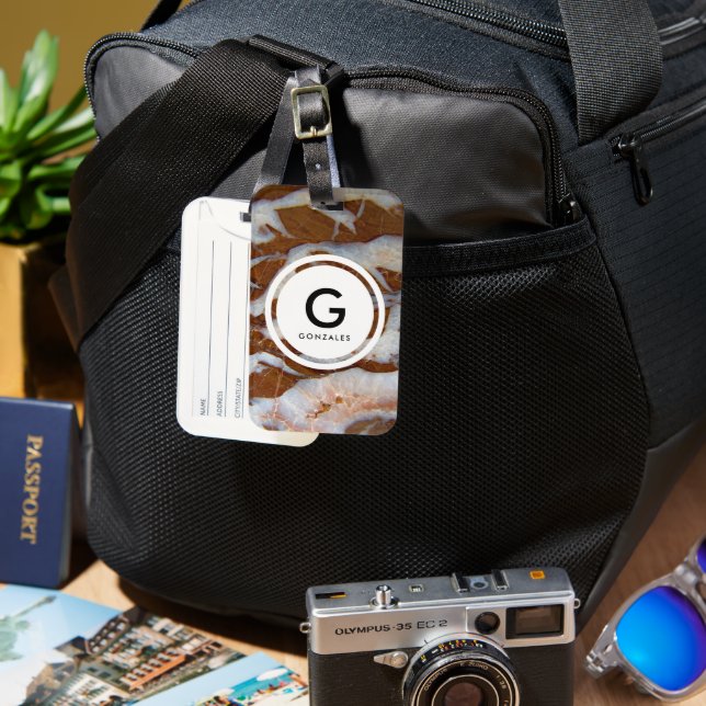 Etiqueta De Bagagem Chert Rock com Veias Quartz e Monograma (Frente e Verso)