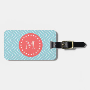 Etiqueta De Bagagem Chevron azul e coral com monograma feito sob