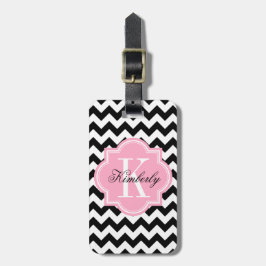 Etiqueta De Bagagem Chevron preto e branco com monograma cor-de-rosa