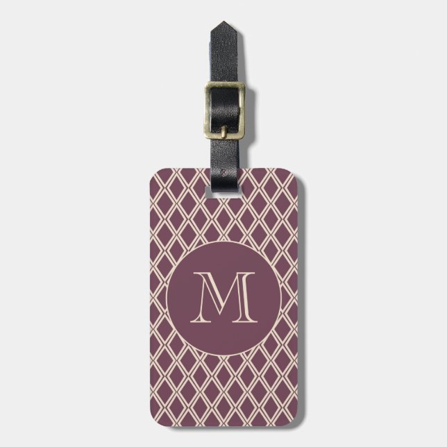 Etiqueta De Bagagem Chic Burgundy Ivory Diamond Pattern Monograma (Frente Vertical)