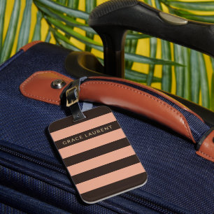 Etiqueta De Bagagem Chic Chocolate Marrom & Rosa Bege Listras Personal