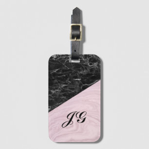 Etiqueta De Bagagem Chic Elegante Preto Rosa Mármore Monogramado 